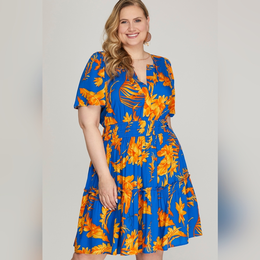 She and Sky Blue Dress with Orange Floral Design
